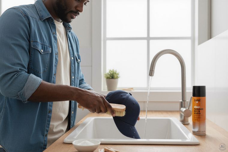 Man cleans baseball cap Man cleans baseball cap