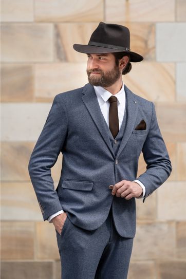 Brown felt hat with grey suit Brown felt hat with grey suit